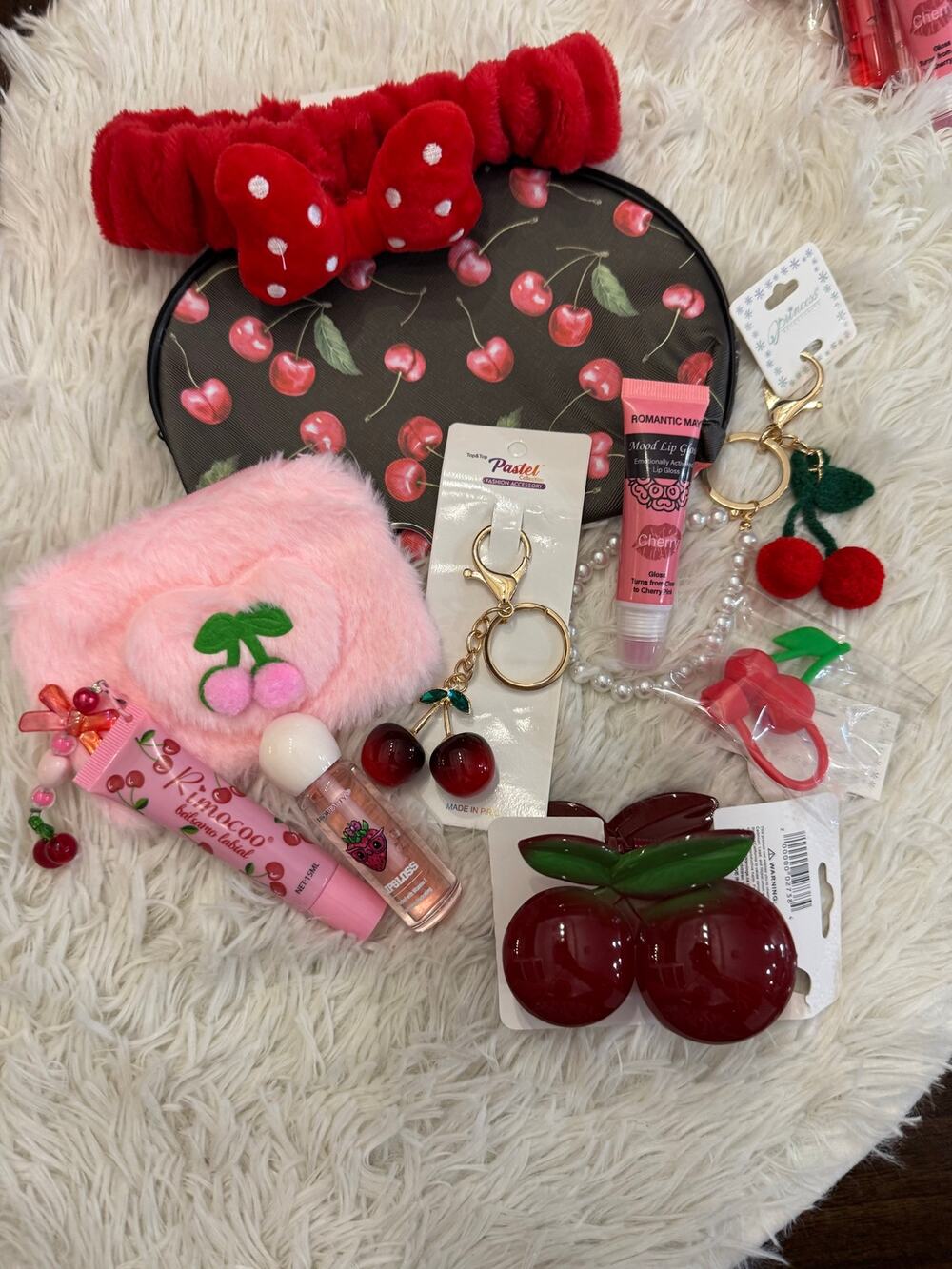 Cherry lovers 10 items bundle makeup pouch headband hair claw lip gloss lip balm
